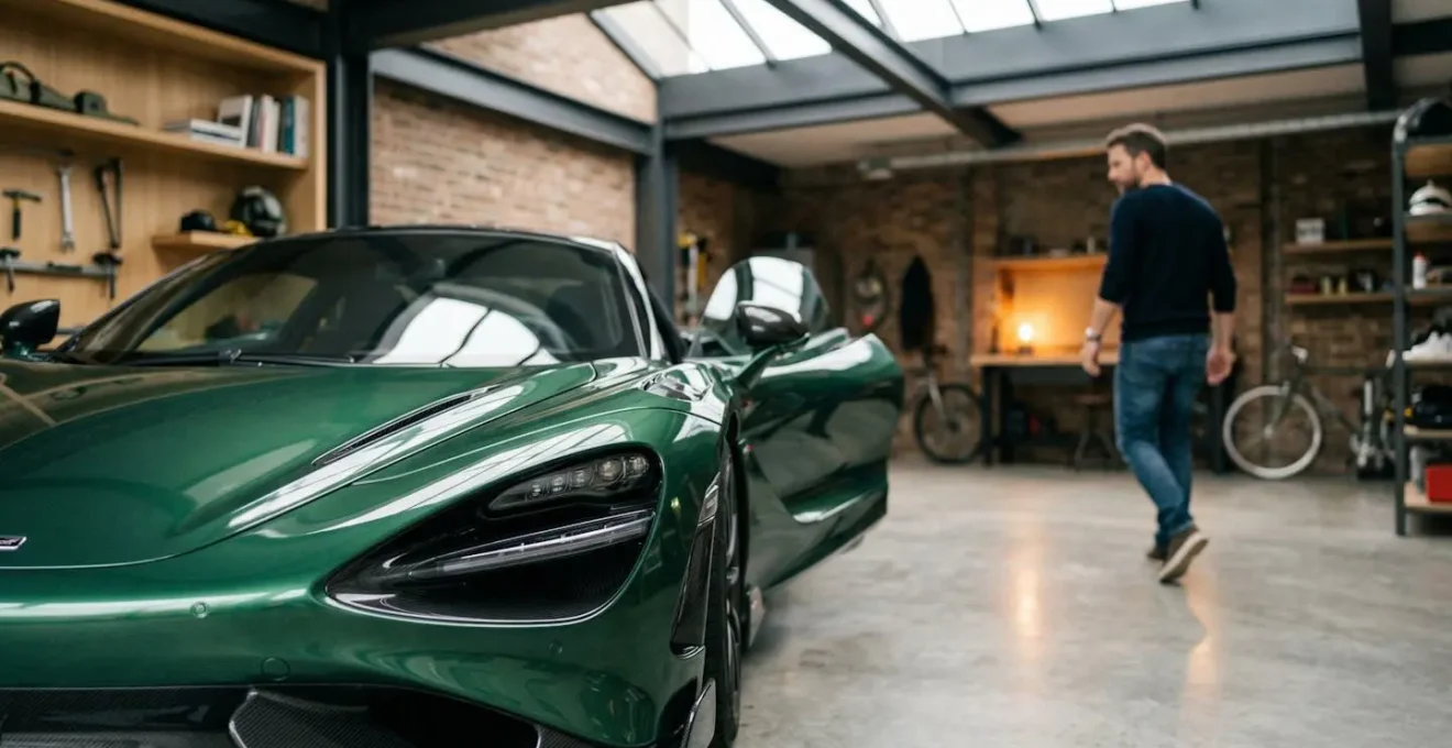 Vue partielle du capot d'une voiture de sport dans un garage privé épuré, lumière naturelle traversant une verrière