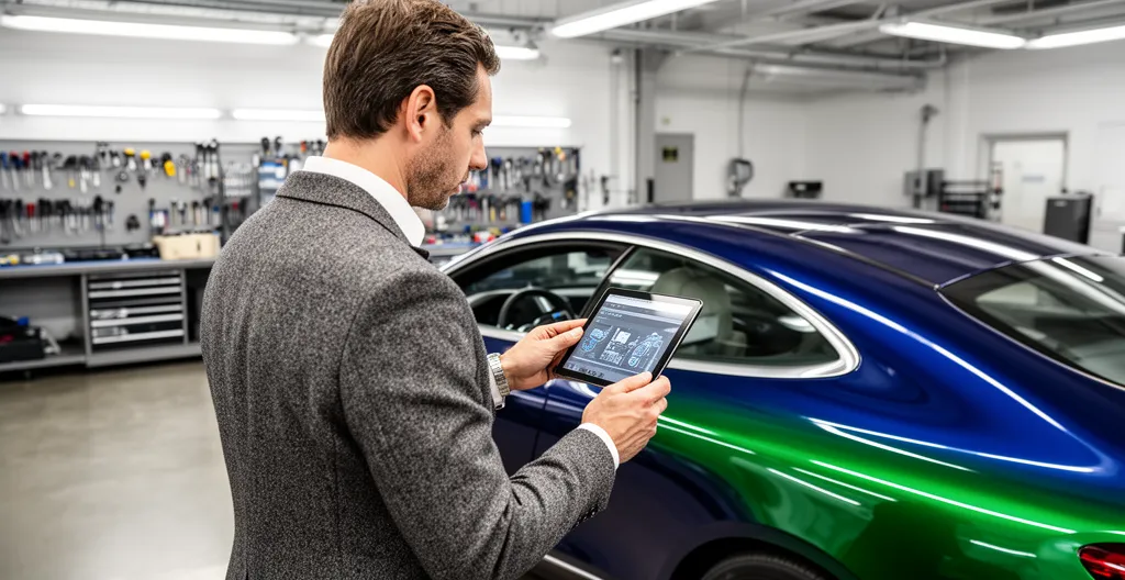 Expert automobile examinant la carrosserie d'un véhicule de prestige avec une tablette dans un atelier moderne