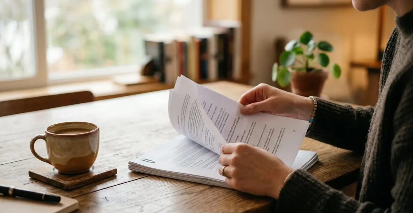 Mains d'une personne feuilletant des documents contractuels sur une table en bois, tasse de café visible à côté