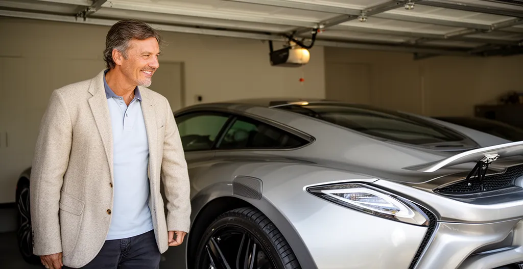 Propriétaire de véhicule de prestige admirant sa voiture sportive dans un garage résidentiel moderne