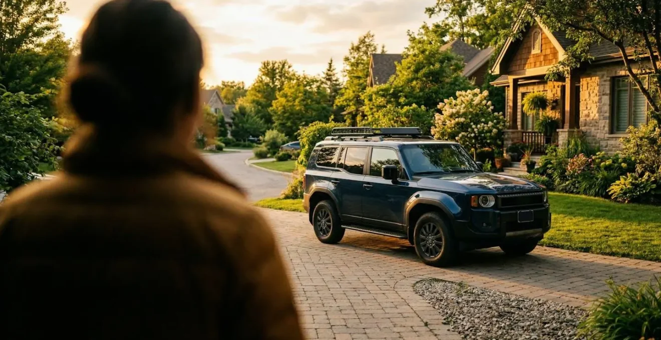 Personne vue de dos regardant un véhicule garé dans une allée résidentielle verdoyante, lumière chaude de fin de journée